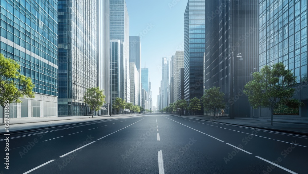 Fototapeta premium Empty city street, modern skyscrapers