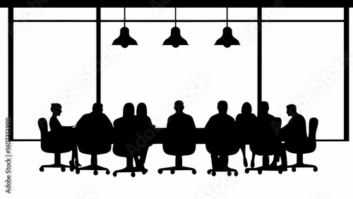 Silhouette of people sitting around a conference table under hanging lights in a meeting room setting | editable eps vectors