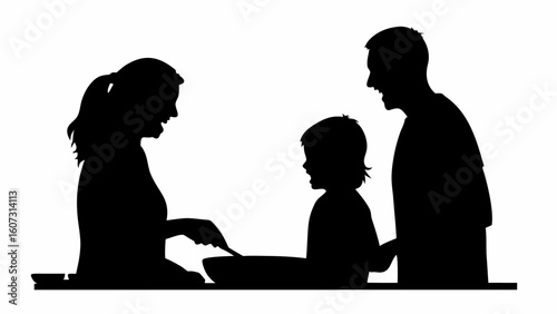 Silhouette of a family at a table with a woman cooking and a man and child looking on in monochrome style | editable eps vectors