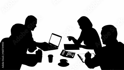 Silhouette illustration of a team meeting with laptop calculator and coffee cups on the table top view | editable eps vectors