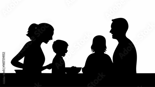 Silhouette of a family at a table with two children and parents eating a meal together in black and white | editable eps vectors