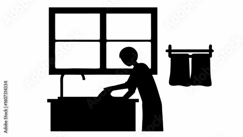 Silhouette of person washing dishes at sink with window and towels in the background indoors scene | editable eps vectors