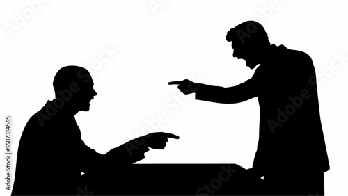 Silhouette of two men arguing and pointing fingers at each other in a business or conflict situation scene | editable eps vectors