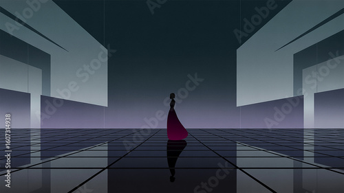 The elegant solitude of a woman in a flowing magenta gown within a stark, futuristic architectural hall.