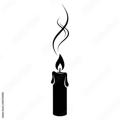 A black candle is burning with a bright flame, isolated on white background