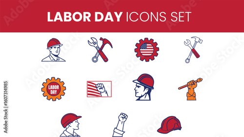 Labor Day Vector Icons Set with Workers, Tools, Hard Hats and American flags 