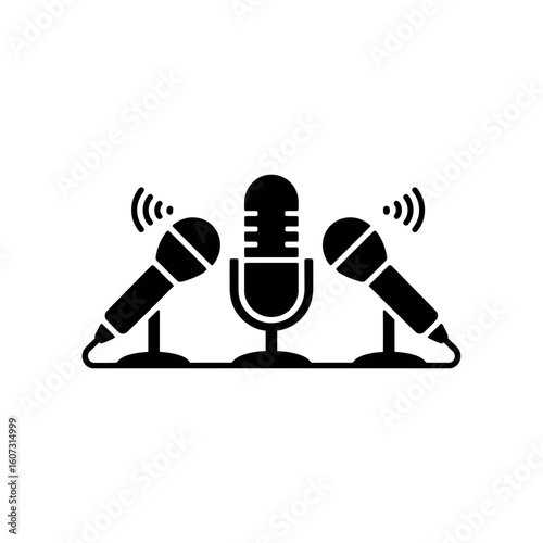 Three black microphones on stands with sound waves audio broadcast