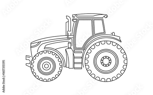Detailed Line Drawing of a Modern Tractor Illustrating Agricultural Technology and Vehicle Design for Farming and Transportation Purposes