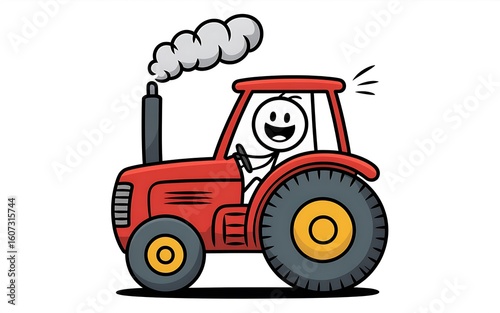 Cartoon Tractor with Smiling Stick Figure Driver a Whimsical Farm Scene Filled with Charm and Imagination