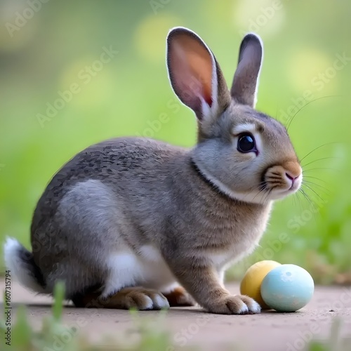 A cute gray rabbit sitting on a green background