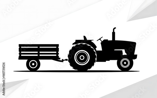Silhouette of a Tractor with a Trailer Carrying Wood Farming and Agriculture Concept Isolated Against a White Background