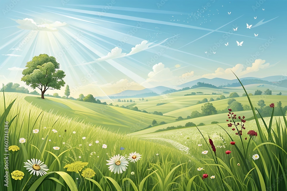 Obraz premium Vibrant green rolling hills under a bright sunlit sky with wildflowers in the foreground