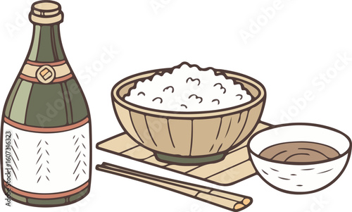 Japanese Cuisine Sake Bottle Rice Bowl and Chopsticks