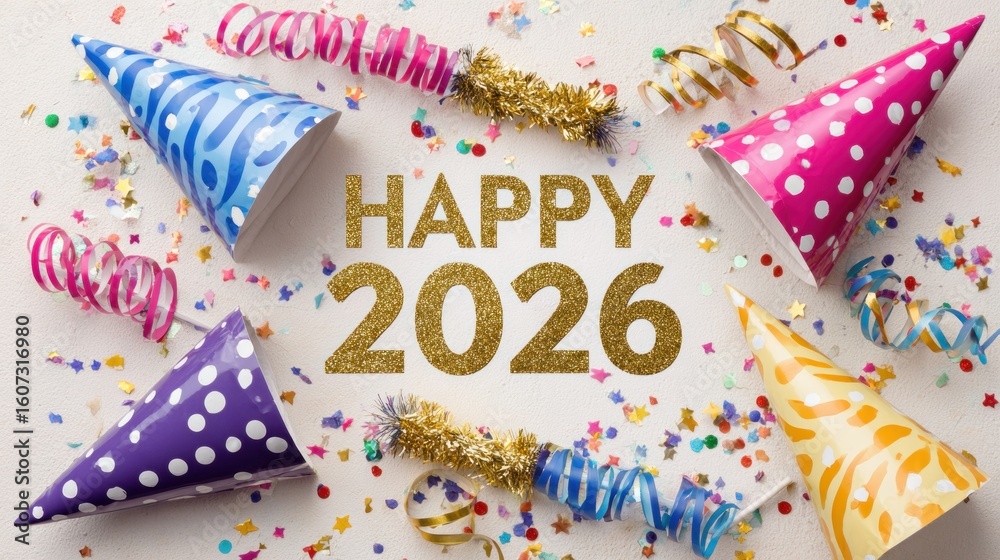 Obraz premium Festive party hats, confetti, and Happy 2026 text on a light background
