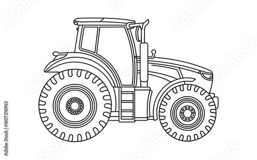 Detailed Line Art of a Modern Tractor Illustrating Agricultural Machinery and Vehicle Design in a Technical Drawing Style