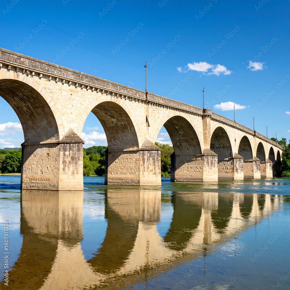 Obraz premium Stone arch bridge over calm river (1)