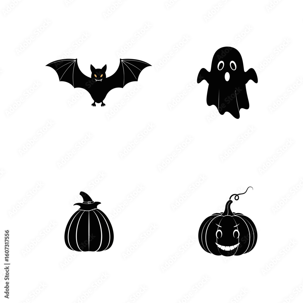 Fototapeta premium A spooky halloween set with a bat, ghost, and pumpkins isolated on white background