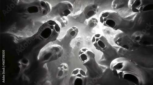 Terrifying human souls in purgatory, souls suffering in agony
