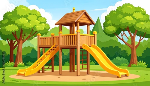 Playground fun awaits cartoon illustration featuring slides trees and a cheerful atmosphere