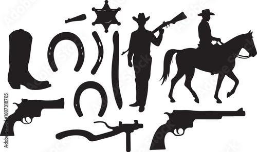 Cowboy boot horseshoe sheriff star rifle pistol horse rider vector
