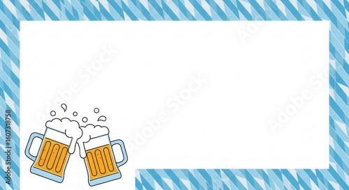 Oktoberfest Beer Mugs Toast with Bavarian Pattern Border and Copy Space