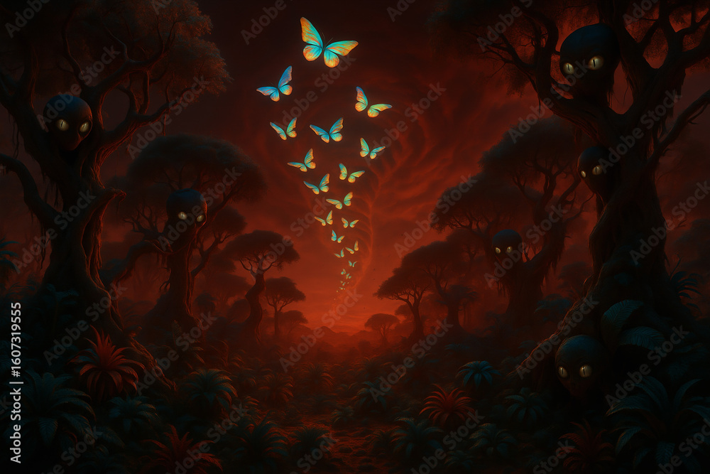 Fototapeta premium Fantasy Cosmic Surreal Butterfly Tornado Over Mars Jungle