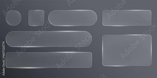 Set of modern frame elements in the style of liquid glass. User interface element for ui ux design. Glass morphism. Transparent frames and buttons. Vector illustration.