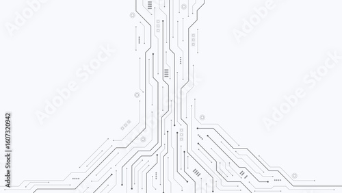 Futuristic circuit board. Abstract digital background with circuit board texture. AI, Artificial Intelligence. Motherboard and HTML code. Large data processing, database concept. Vector illustration.