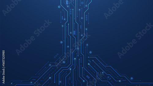 Futuristic circuit board. Abstract isometric background with circuit board texture. AI Artificial Intelligence. Motherboard and HTML code. Large data processing, database concept. Vector illustration.