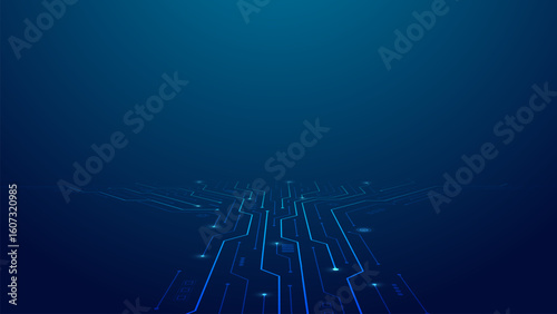 AI Artificial Intelligence on circuit board in futuristic background. Technology and engineering. Motherboard and HTML code. Isometric electronic motherboard background. Vector illustration.