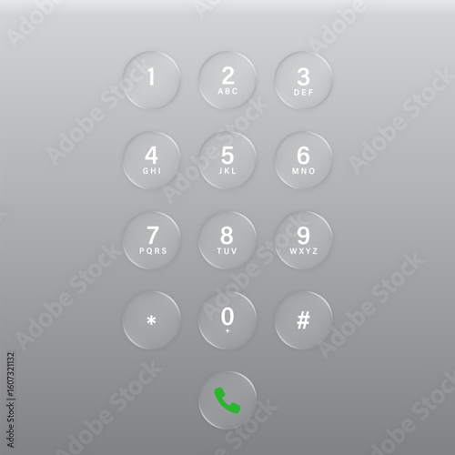Modern smartphone dial keypad buttons in the style of liquid glass and glossy surface. phone numbers panel. User interface element for ui ux design. Transparent frame and button. Vector illustration.