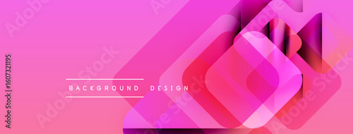 Pink gradient background features overlapping square layers. Text reads background design. Modern, vibrant aesthetic. Simple composition.