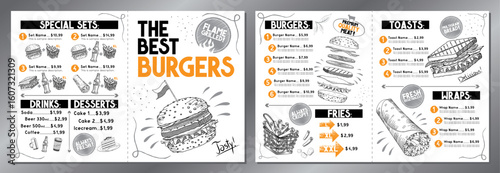 The best burgers - menu card template - letter format x2 (8,5 x 11 inches x2) - vector illustration