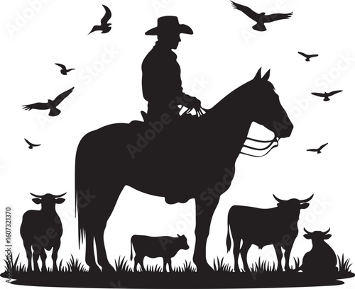 Cowboy on horse with cattle and birds cows bulls