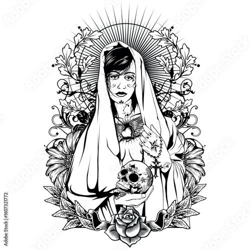 Stylish black-haired woman with a floral bouquet sketch