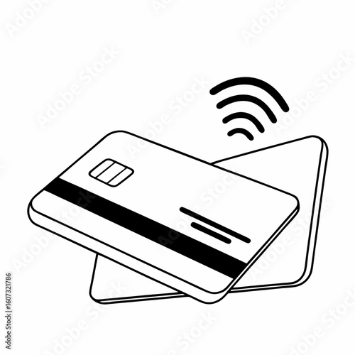 Two credit cards with contactless payment symbol in black and white outline illustration style design