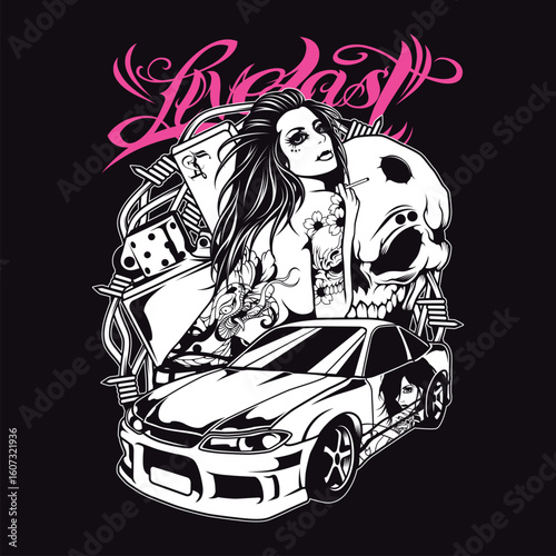 Cartoon vector illustration of a fun horse racing car with a woman driving on the road