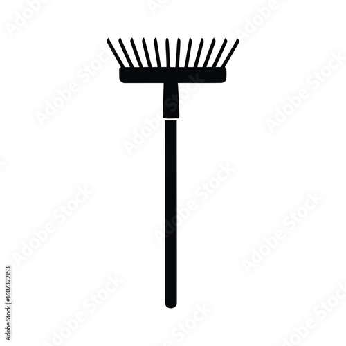 Black silhouette of a garden leaf rake on a white background