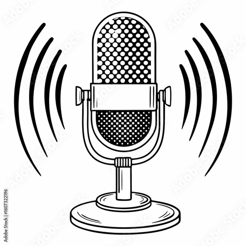 Illustration of a vintage microphone with sound waves emanating from it in a black and white style