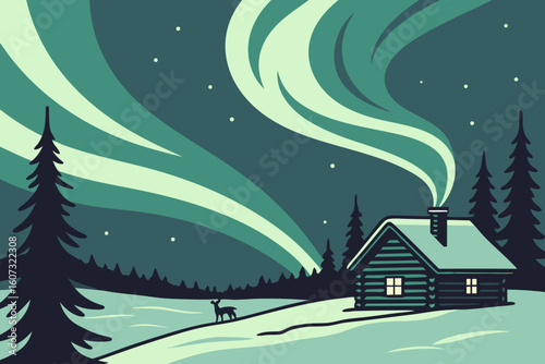 Northern lights swirling over a frozen Lapland lake, a small log cabin with smoke rising, and reindeer grazing in the distance, modern flat illustration style