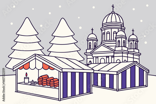 Winter market in Helsinki with stalls of wool mittens, candles, mulled wine, and Christmas lights sparkling over snow-dusted streets, modern flat illustration style