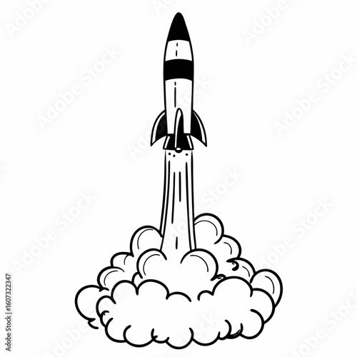 A cartoon rocket launching with smoke and flames in a black and white drawing style illustration