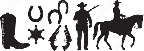 Cowboy boot horseshoe sheriff star revolvers cowboy with rifle cowboy riding horse vector