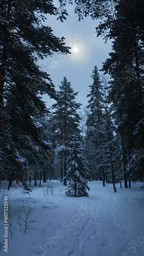 Snowy forest at dusk with tall trees and moonlight