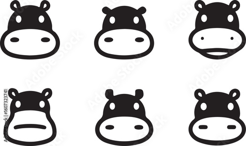 Black hippopotamus faces with varied expressions icon black and white