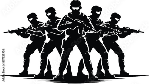 Five Armed Soldiers, Black Silhouette, Tactical Team, Serious Mood, Vector Illustration