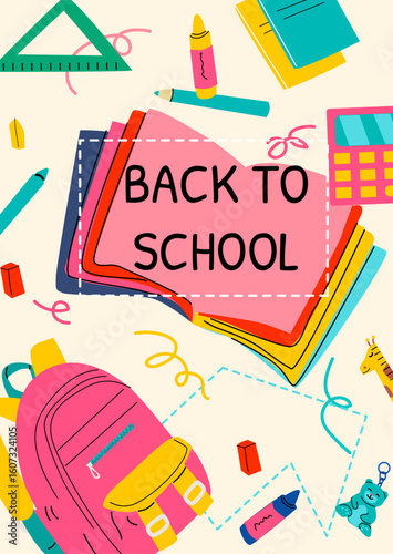 Colorful back to school supplies with books, backpack. Sale poster with playful design, school supplies, and cute elements for kindergarten kids. Perfect for early education promo and learning events