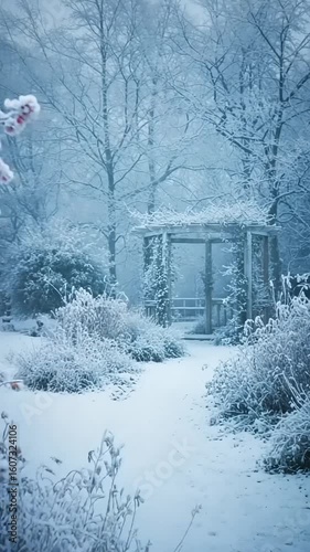 Snowy garden with gazebo surrounded by frosty trees