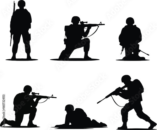 Soldiers in Combat: Dramatic Black Silhouettes, Military Action Poses, Intense Mood