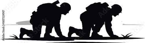 Soldiers Silhouetted, Low Crawl, Military Action, Serious Mood, Vector Graphic
